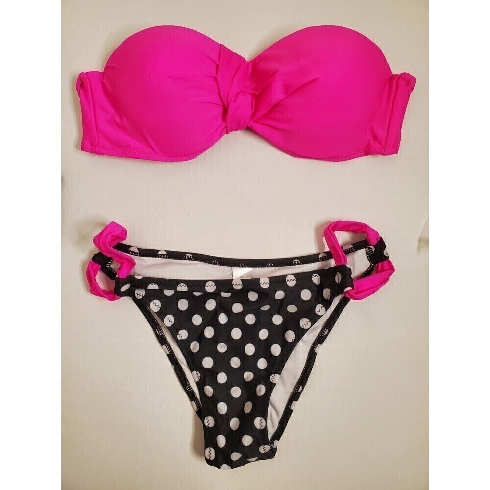 MAMA Bear Women's 2pc Push Up Swimwear Bikini Pink/Black Polka-dot Size M